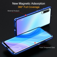 Луксозен алуминиев бъмпър от 2 части с магнити и стъклен протектор лице и гръб оригинален Magnetic Hardware Case за Huawei P Smart Pro STK-L21 син 